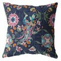 Homeroots 20 in. Navy & Pink Peacock Indoor & Outdoor Zippered Throw Pillow Indigo 412691